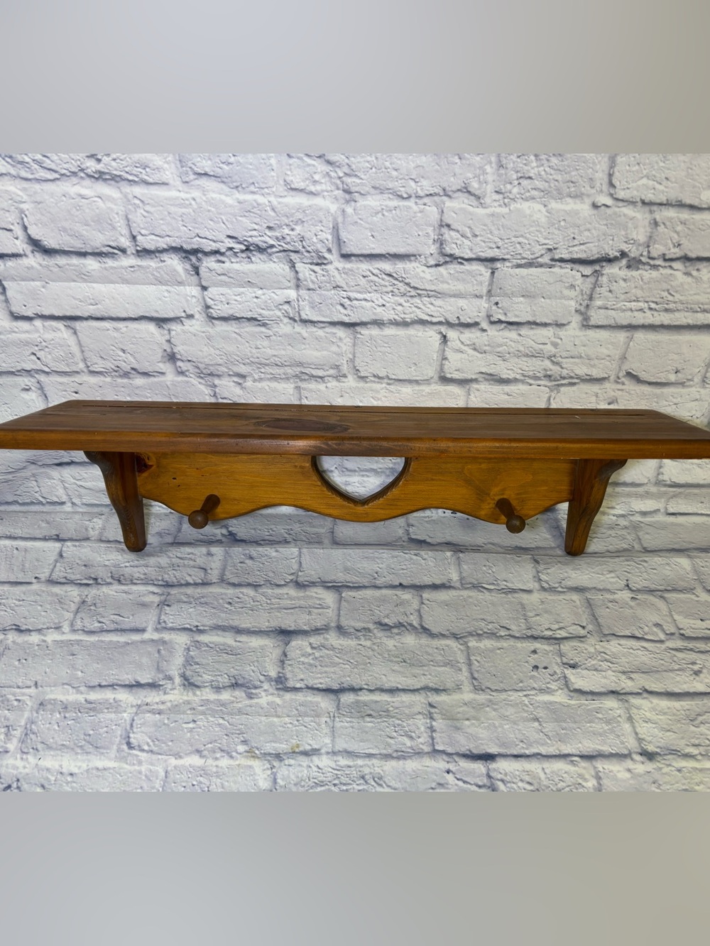 Vtg Handmade Wooden Heart Cutout Wall Shelf Cottage W/2 Pegs 28” Brown Farmhouse